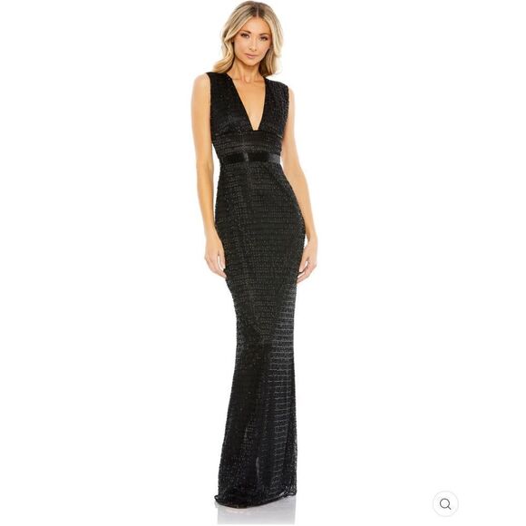 Mac Duggal 5625 Womens Black BEADED CAP SLEEVE V NECK COLUMN GOWN Dress - Picture 3 of 12